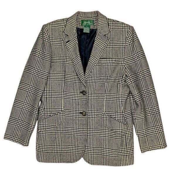 Lauren Ralph Lauren Blazer Size 12 Houndstooth Wool Silk Cashmere Classic Jacket - Picture 1 of 16